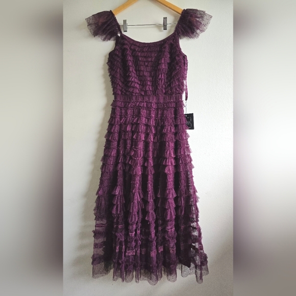 NWT!! MAC DUGGAL, Ruffle Cap Sleeve Tiered Midi Dress, Amethyst-NWT Size 4 -$398 - Picture 4 of 11
